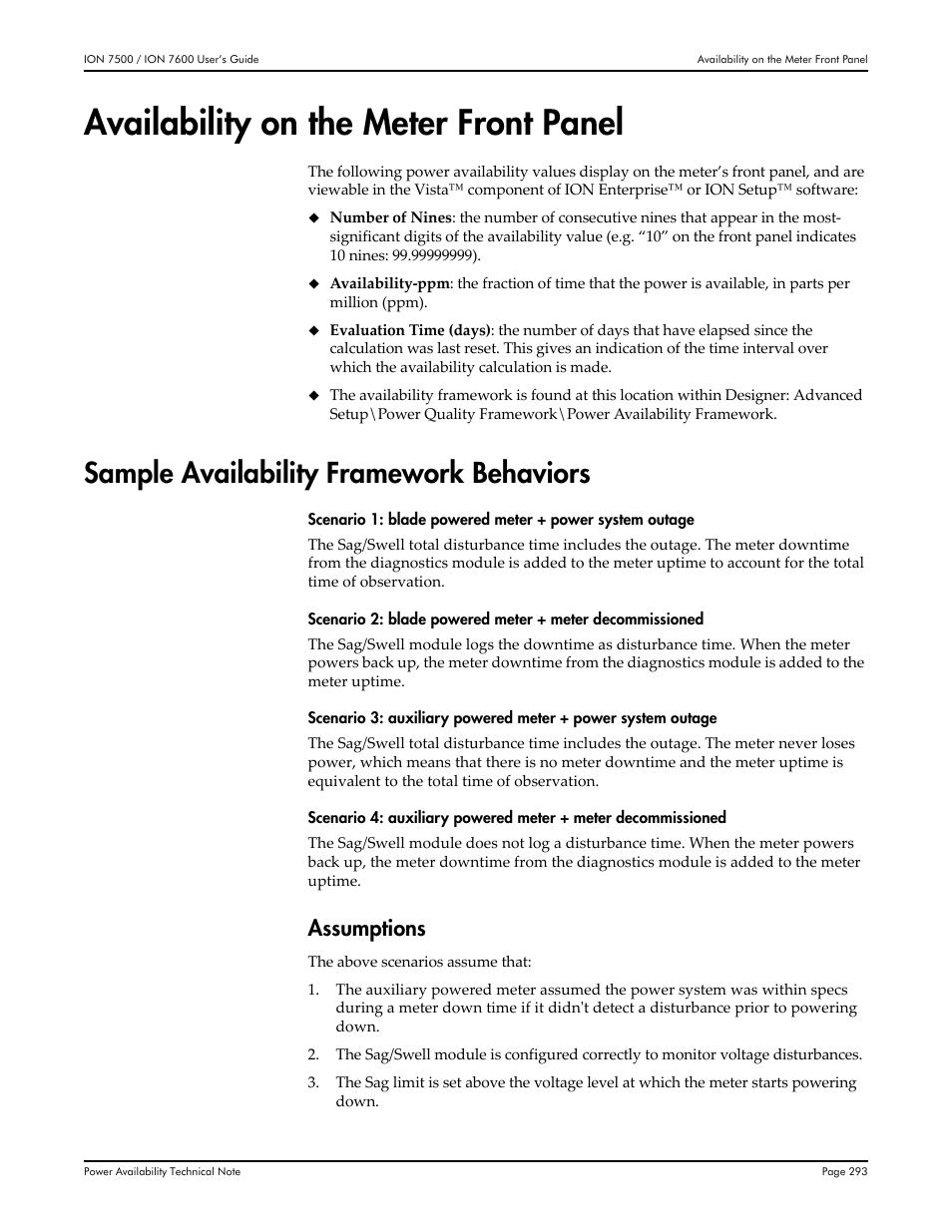 Availability on the meter front panel, Sample availability framework behaviors, Assumptions | Multi-Tech Systems 7500 User Manual | Page 293 / 372