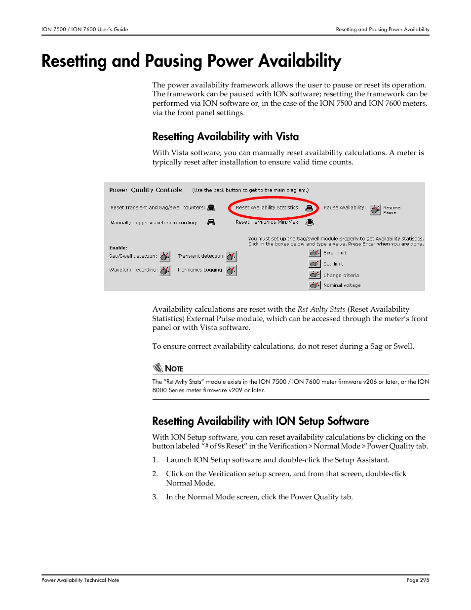 Resetting and pausing power availability, Resetting availability with vista, Resetting availability with ion setup software | Multi-Tech Systems 7500 User Manual | Page 295 / 372