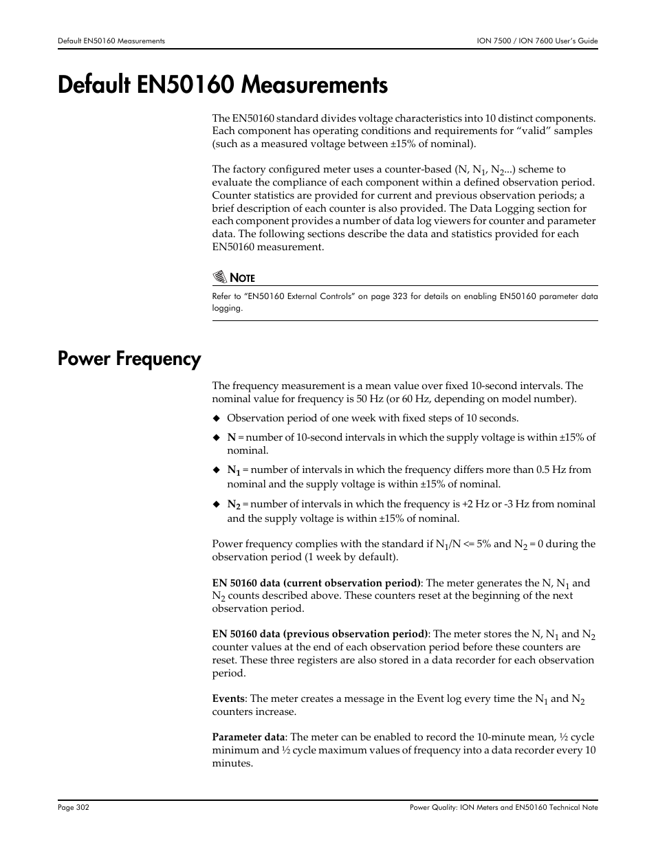 Default en50160 measurements, Power frequency | Multi-Tech Systems 7500 User Manual | Page 302 / 372