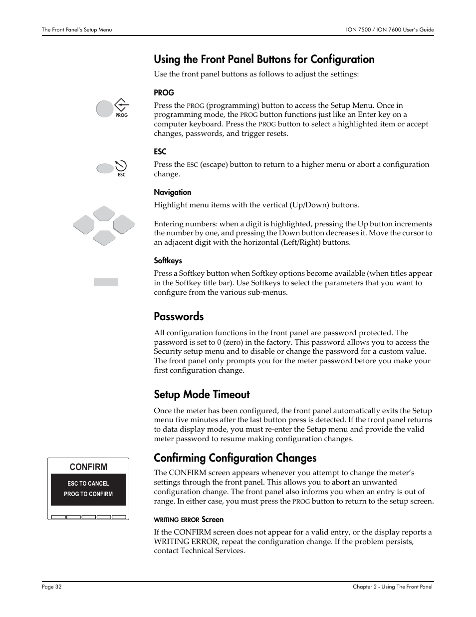 Using the front panel buttons for configuration, Passwords, Setup mode timeout | Confirming configuration changes, Confirm | Multi-Tech Systems 7500 User Manual | Page 32 / 372