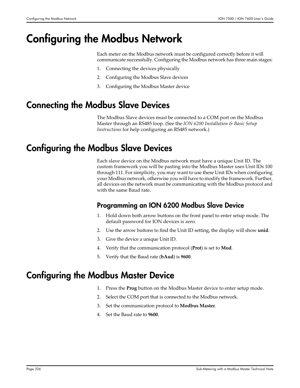 Configuring the modbus network, Connecting the modbus slave devices, Configuring the modbus slave devices | Configuring the modbus master device, Programming an ion 6200 modbus slave device | Multi-Tech Systems 7500 User Manual | Page 326 / 372