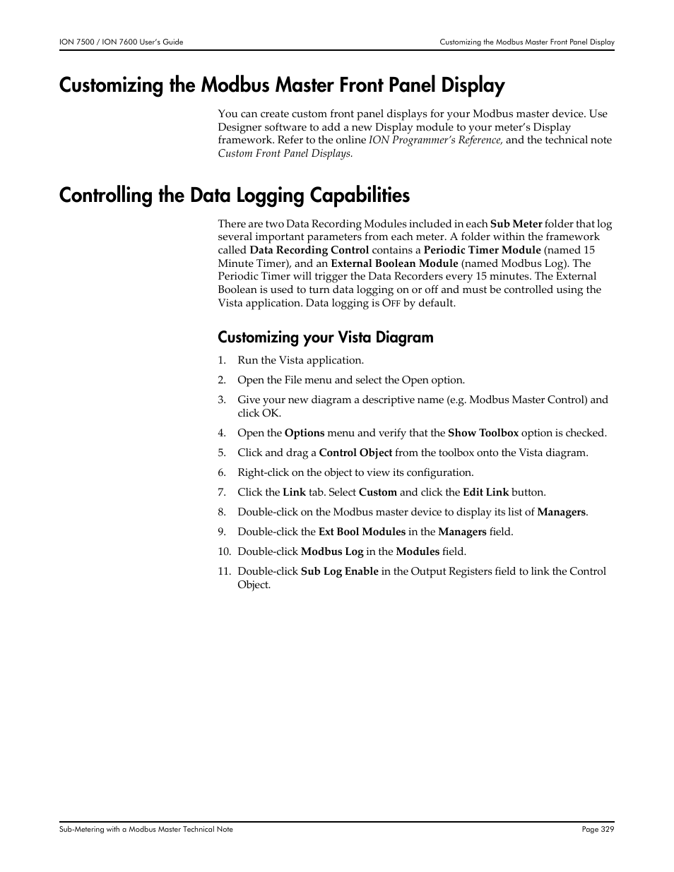 Customizing the modbus master front panel display, Controlling the data logging capabilities, Customizing your vista diagram | Multi-Tech Systems 7500 User Manual | Page 329 / 372
