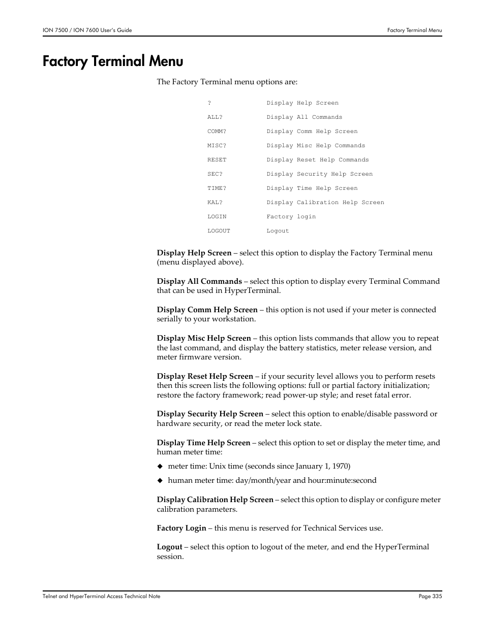 Factory terminal menu | Multi-Tech Systems 7500 User Manual | Page 335 / 372