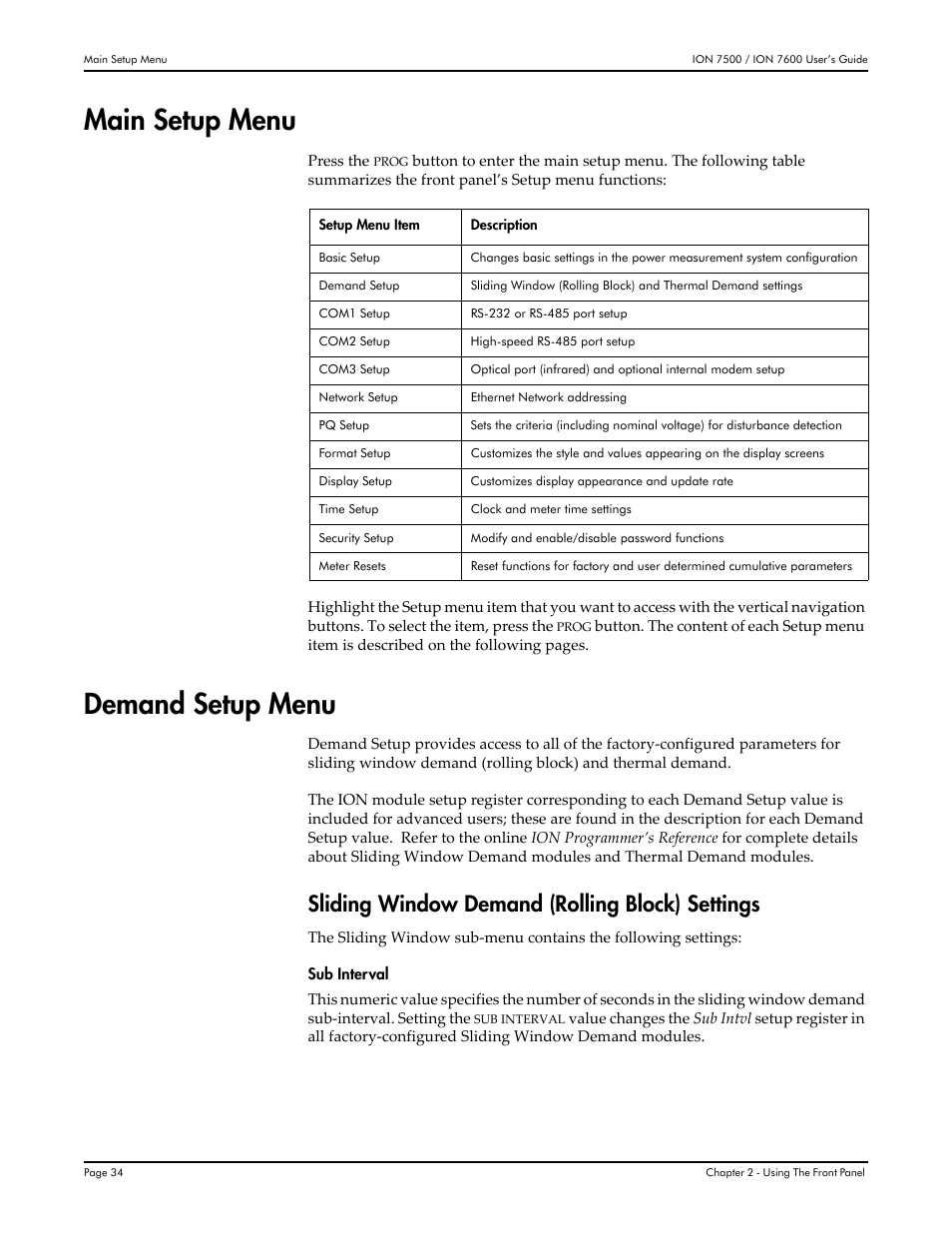 Main setup menu, Demand setup menu, Main setup menu demand setup menu | Sliding window demand (rolling block) settings | Multi-Tech Systems 7500 User Manual | Page 34 / 372