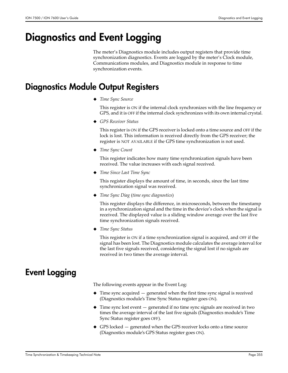 Diagnostics and event logging, Diagnostics module output registers, Event logging | Diagnostics module output registers event logging | Multi-Tech Systems 7500 User Manual | Page 355 / 372