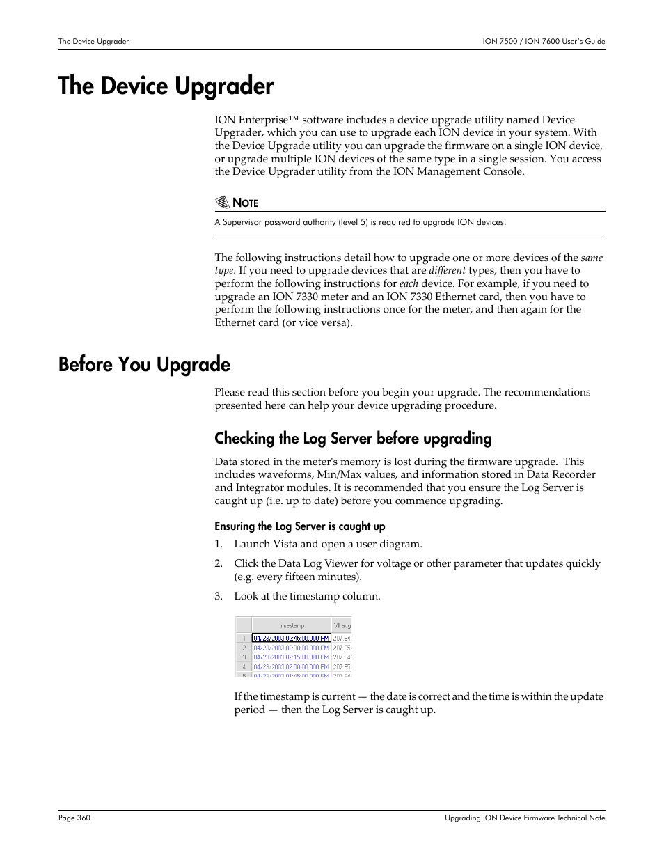 The device upgrader, Before you upgrade, Checking the log server before upgrading | Multi-Tech Systems 7500 User Manual | Page 360 / 372