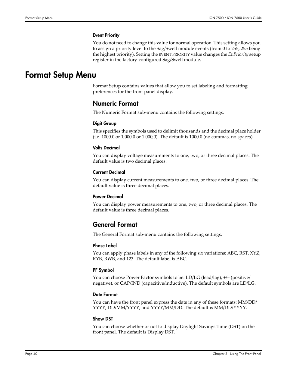 Format setup menu, Numeric format, General format | Multi-Tech Systems 7500 User Manual | Page 40 / 372
