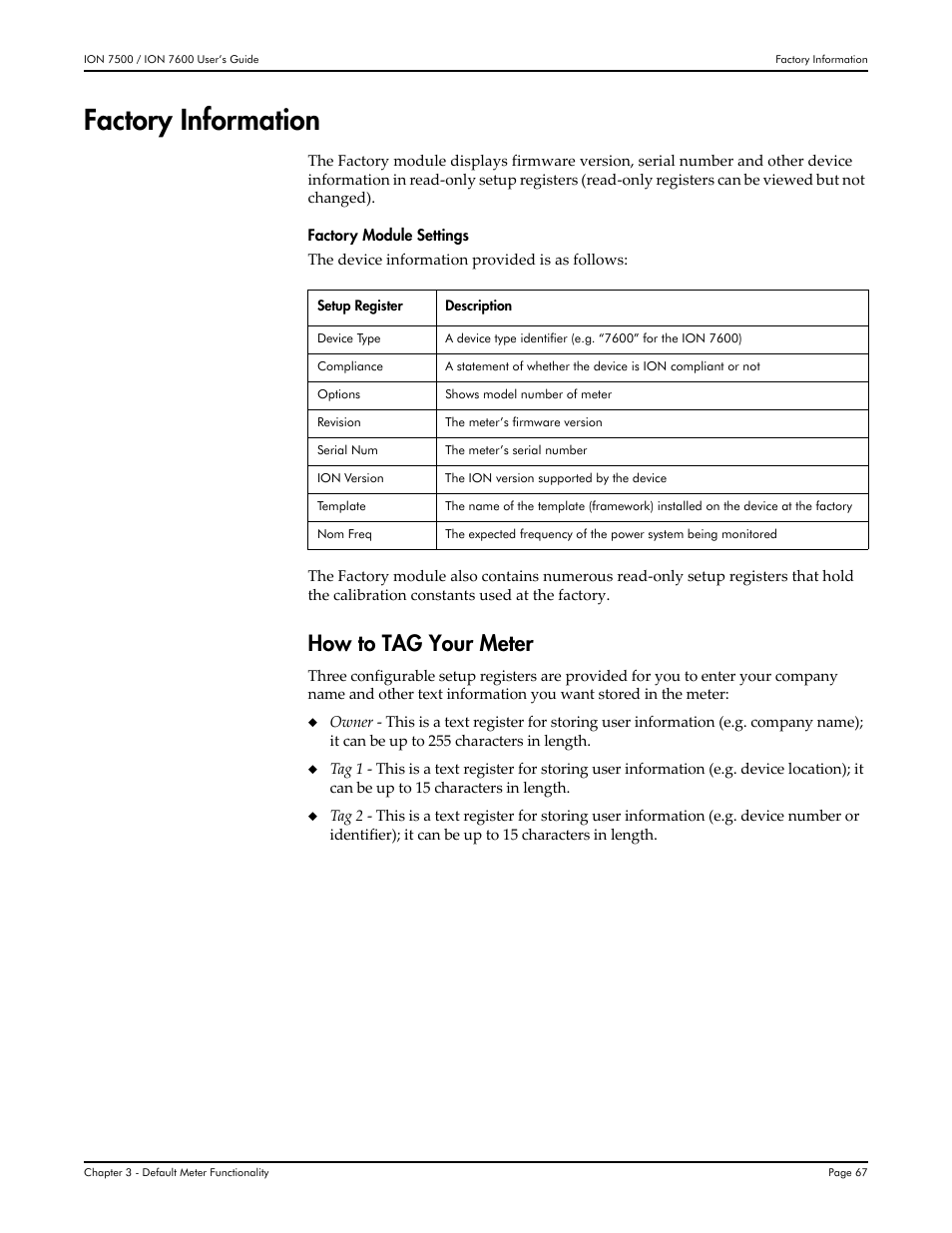 Factory information, How to tag your meter | Multi-Tech Systems 7500 User Manual | Page 67 / 372
