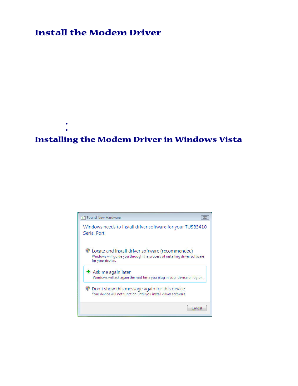 Installing the modem driver in windows vista, Install the modem driver | Multi-Tech Systems MULTIMODEM MTCBA-G-U-F4 User Manual | Page 11 / 33