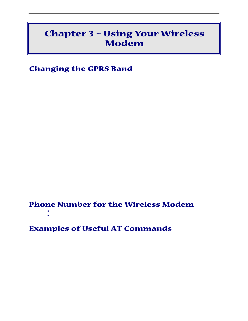 Chapter 3 – using your wireless modem, Changing the gprs band, Phone number for the wireless modem | Examples of useful at commands | Multi-Tech Systems MULTIMODEM MTCBA-G-U-F4 User Manual | Page 24 / 33