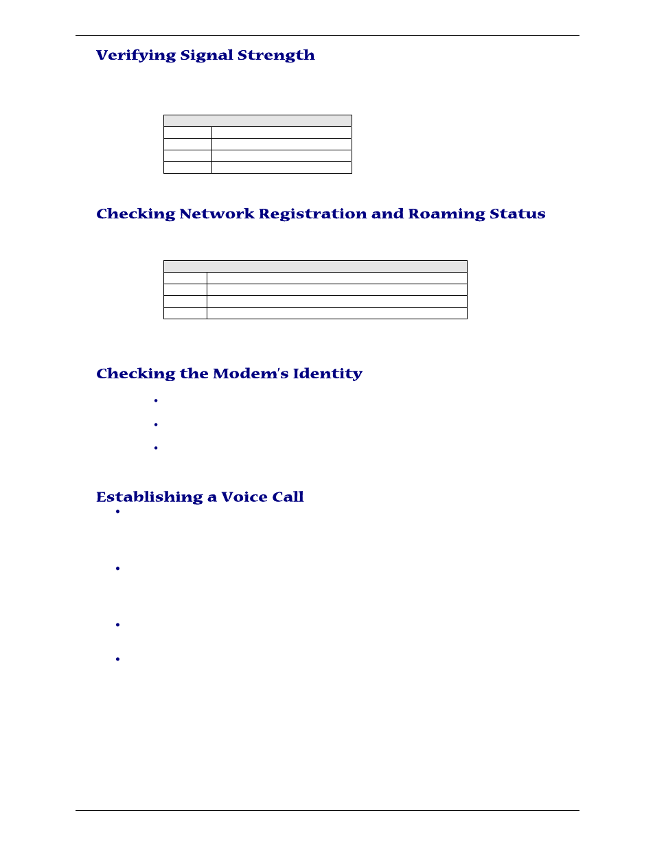 Verifying signal strength, Checking network registration and roaming status, Checking the modem’s identity | Establishing a voice call | Multi-Tech Systems MULTIMODEM MTCBA-G-U-F4 User Manual | Page 25 / 33
