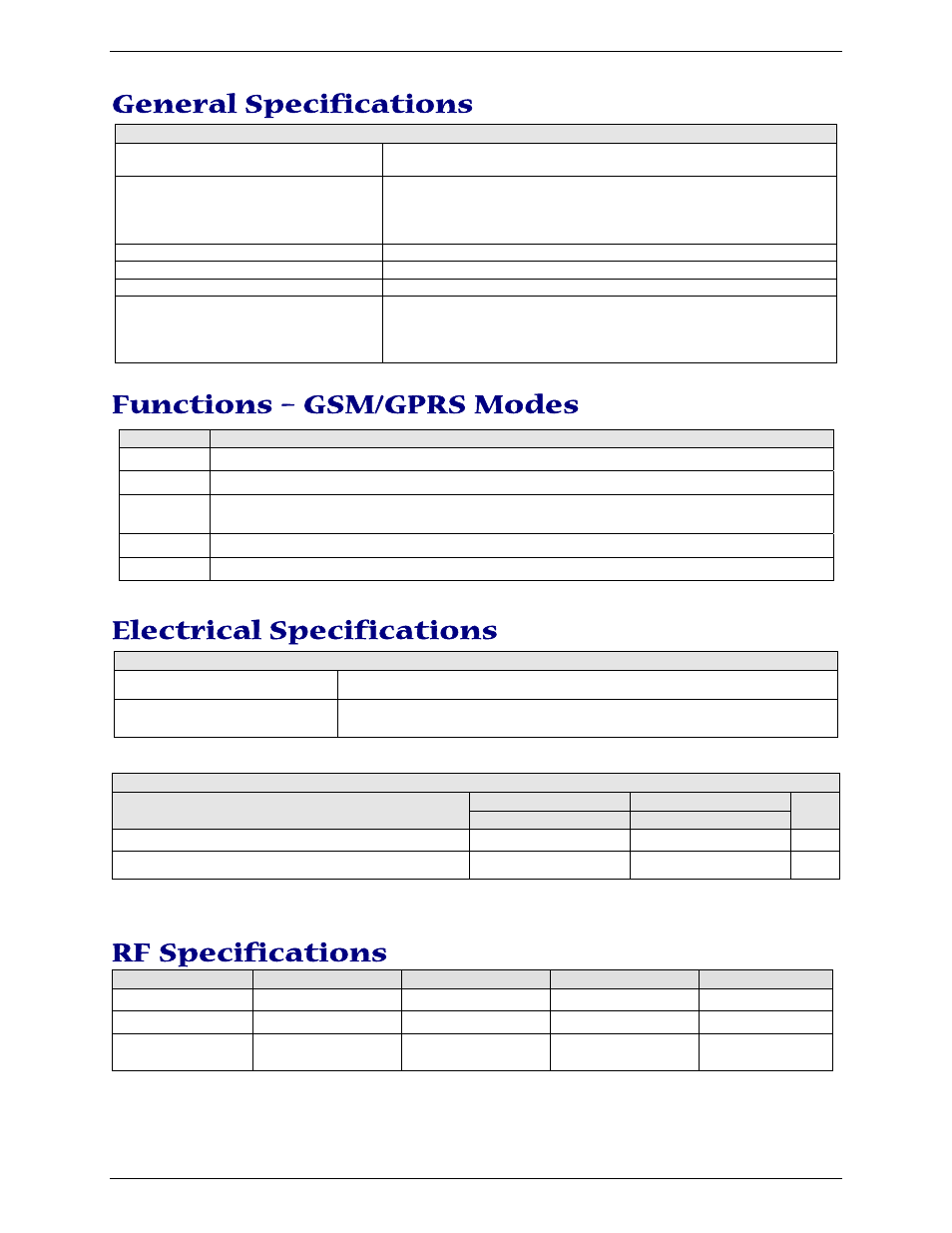 General specifications, Functions – gsm/gprs modes, Electrical specifications | Rf specifications | Multi-Tech Systems MULTIMODEM MTCBA-G-U-F4 User Manual | Page 7 / 33