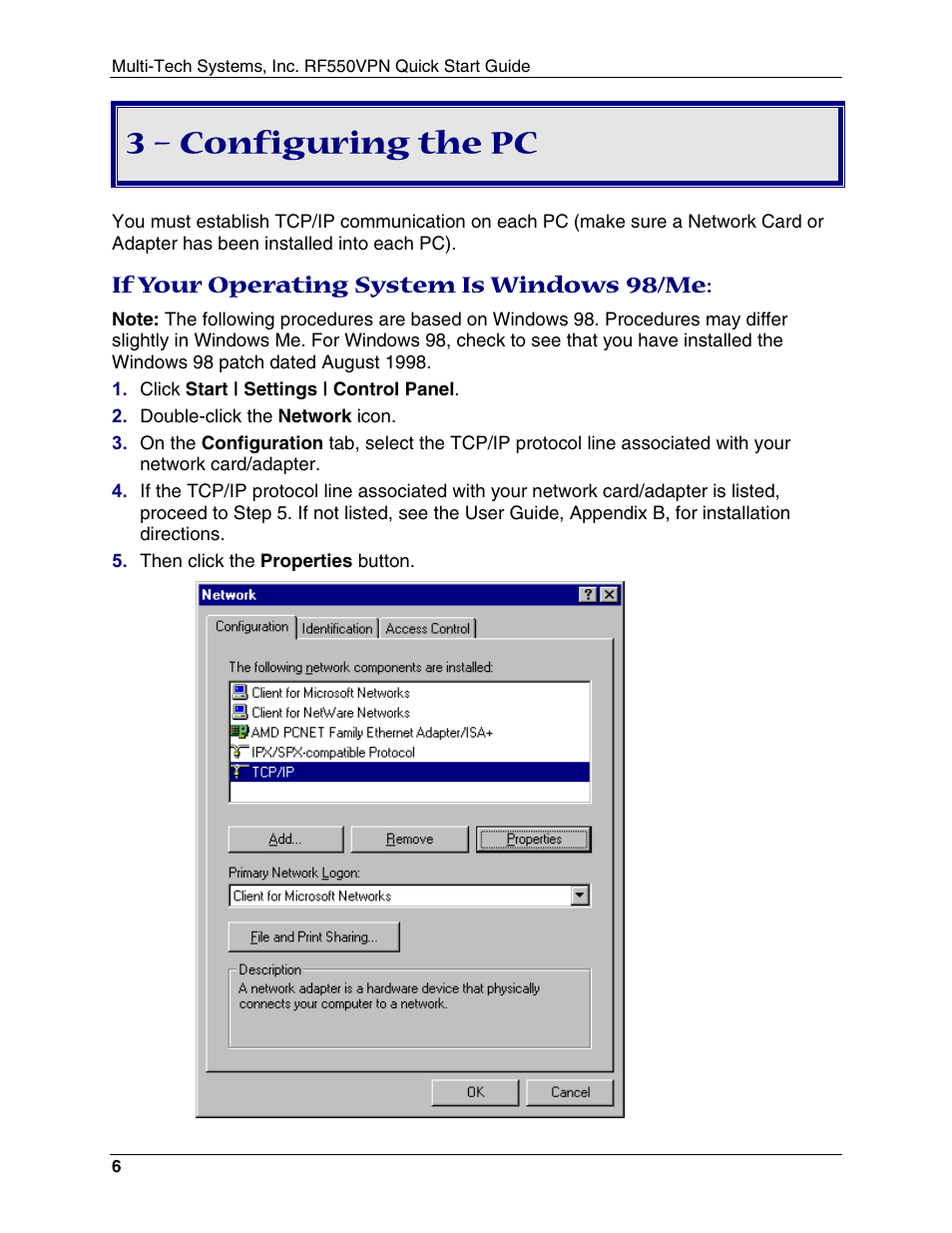 3 – configuring the pc, If your operating system is windows 98/me | Multi-Tech Systems RouteFinder RF550VPN User Manual | Page 10 / 32