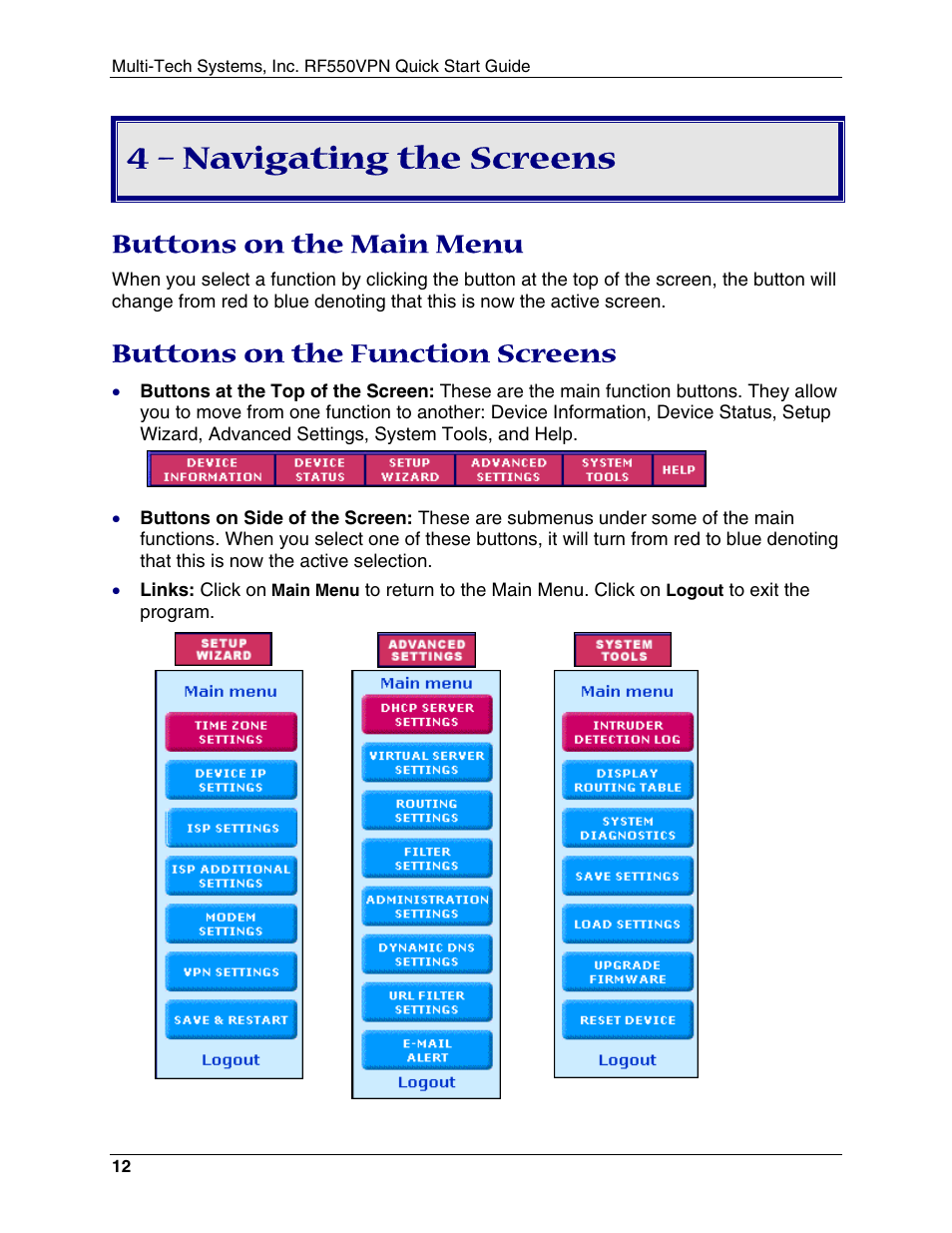 4 – navigating the screens, Buttons on the main menu, Buttons on the function screens | Multi-Tech Systems RouteFinder RF550VPN User Manual | Page 16 / 32