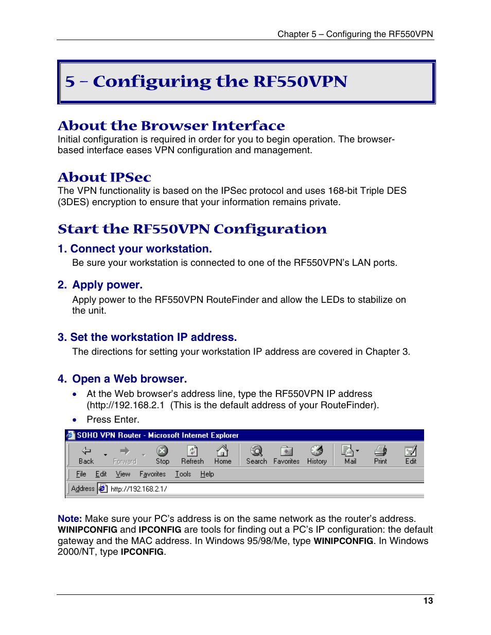 5 – configuring the rf550vpn, About the browser interface, Start the rf550vpn configuration | About ipsec | Multi-Tech Systems RouteFinder RF550VPN User Manual | Page 17 / 32