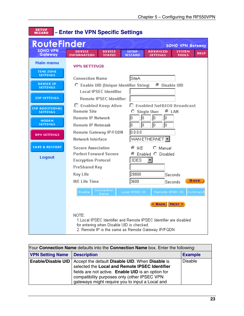 Enter the vpn specific settings | Multi-Tech Systems RouteFinder RF550VPN User Manual | Page 27 / 32