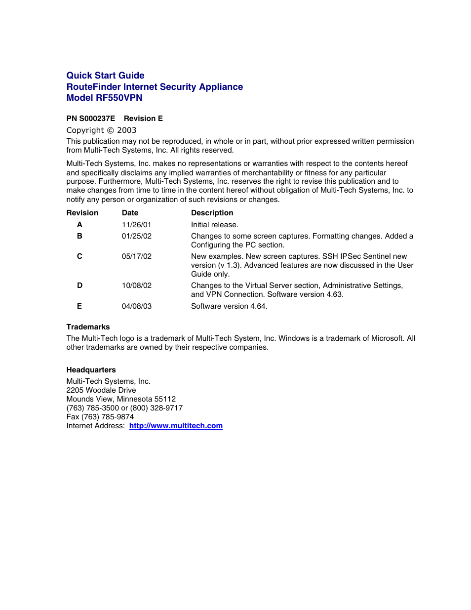 Multi-Tech Systems RouteFinder RF550VPN User Manual | Page 3 / 32