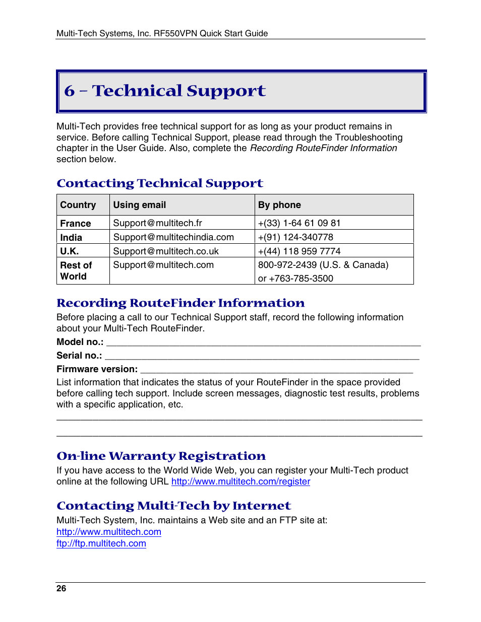 6 – technical support, Contacting technical support, Recording routefinder information | On-line warranty registration, Contacting multi-tech by internet | Multi-Tech Systems RouteFinder RF550VPN User Manual | Page 30 / 32