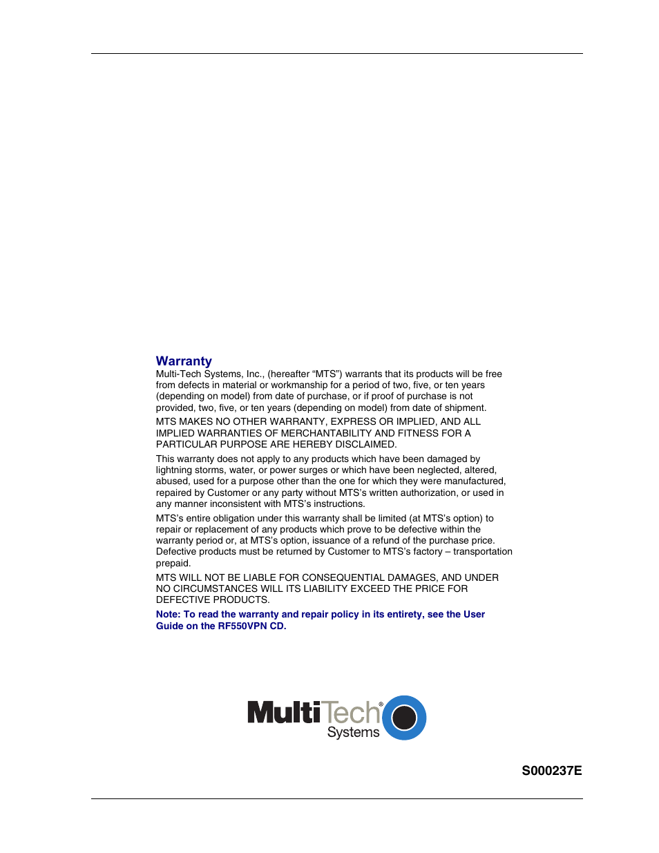 Warranty | Multi-Tech Systems RouteFinder RF550VPN User Manual | Page 32 / 32
