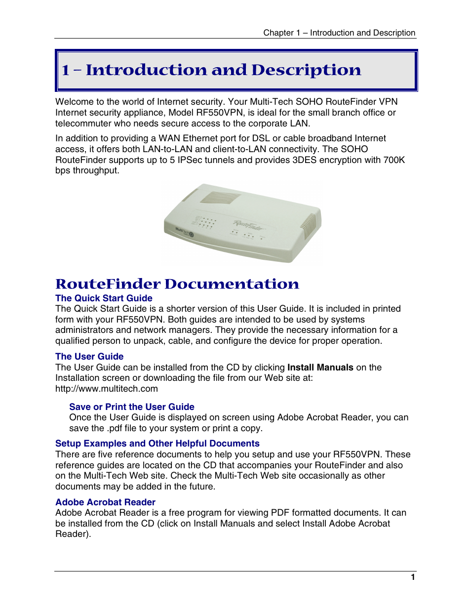1 – introduction and description, Routefinder documentation, Routerfinder documentation | Multi-Tech Systems RouteFinder RF550VPN User Manual | Page 5 / 32