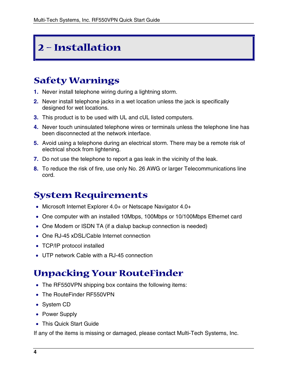 2 – installation, Safety warnings, System requirements | Unpacking your routefinder | Multi-Tech Systems RouteFinder RF550VPN User Manual | Page 8 / 32