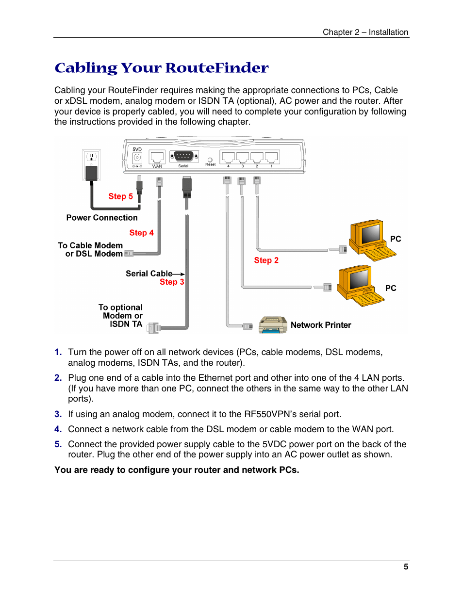 Cabling your routefinder | Multi-Tech Systems RouteFinder RF550VPN User Manual | Page 9 / 32