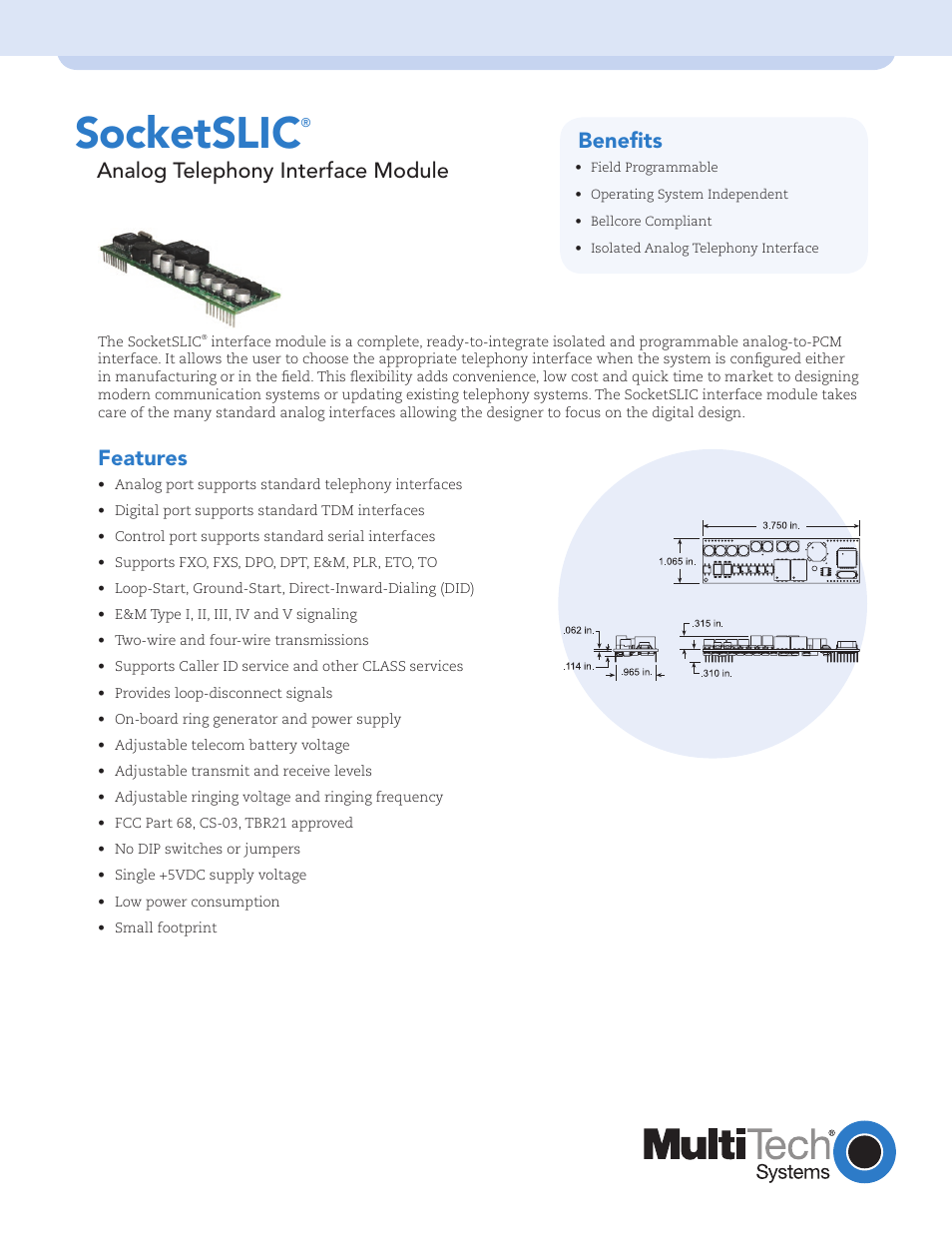 Multi-Tech Systems SocketSLIC TBR21 User Manual | 2 pages