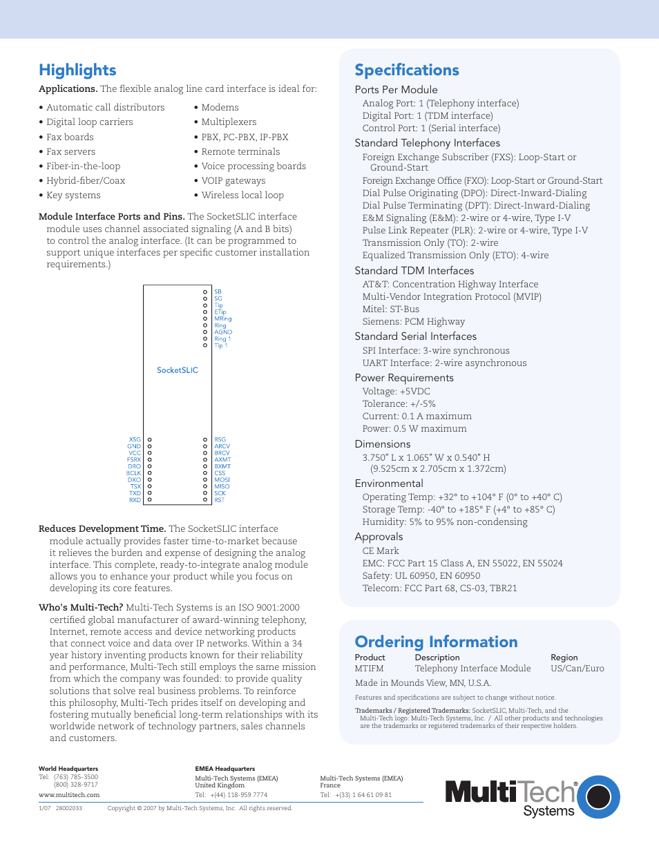 Highlights, Ordering information, Speciﬁcations | Multi-Tech Systems SocketSLIC TBR21 User Manual | Page 2 / 2