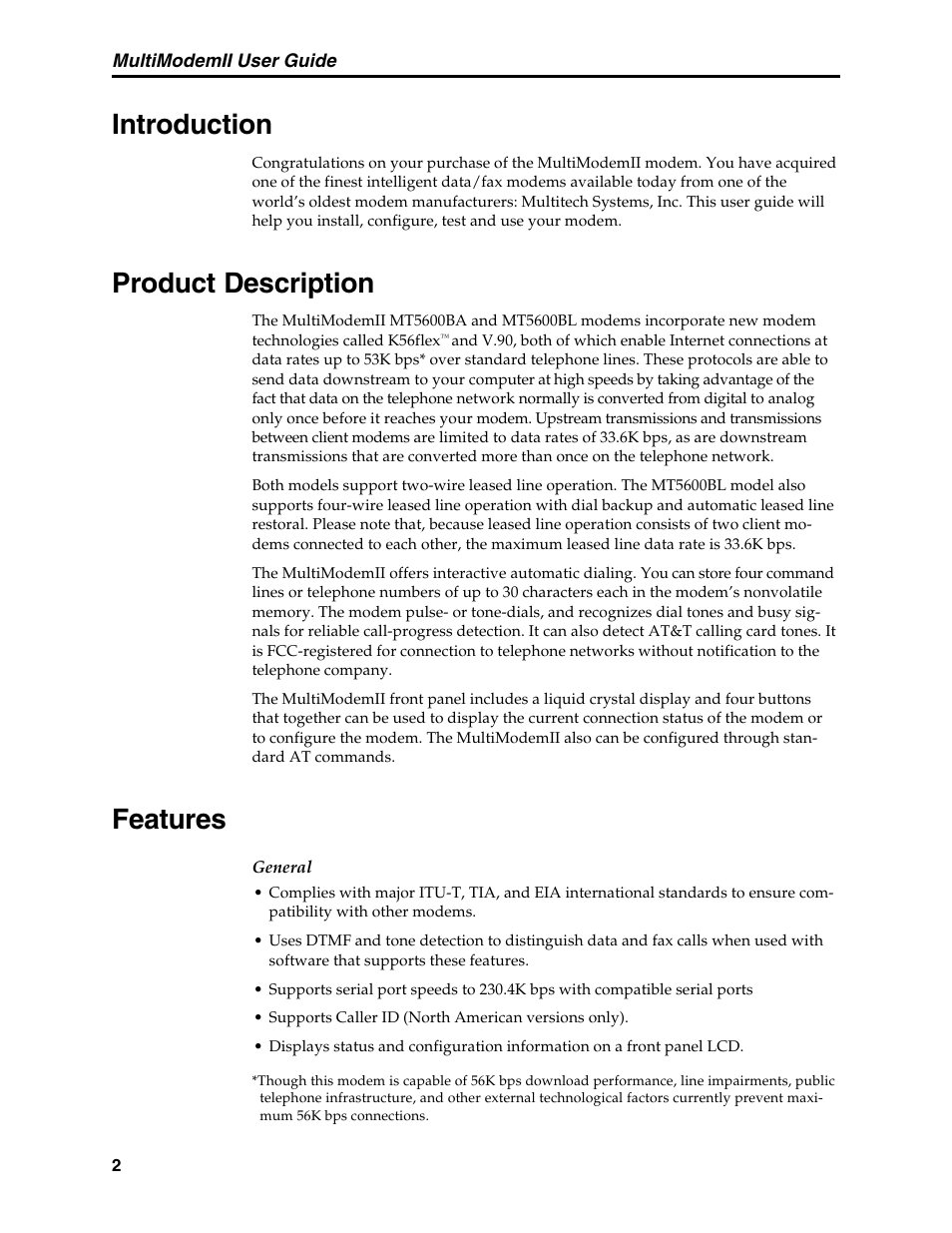 Chapter 1: introduction, Introduction, Product description | Features, Introduction product description features | Multi-Tech Systems MT5600BL User Manual | Page 10 / 118