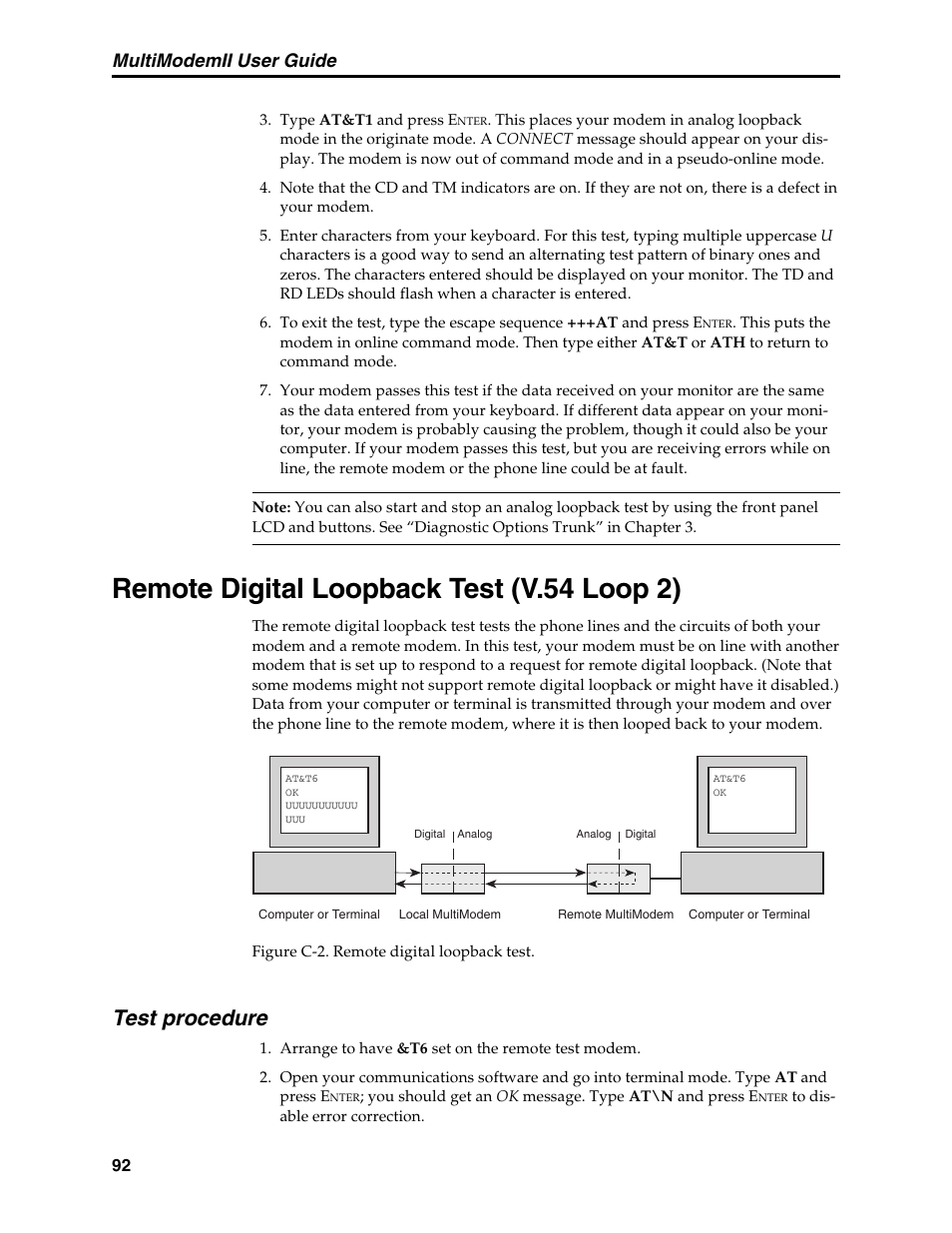 Remote digital loopback test (v.54 loop 2), Test procedure, Multimodemii user guide | Multi-Tech Systems MT5600BL User Manual | Page 100 / 118