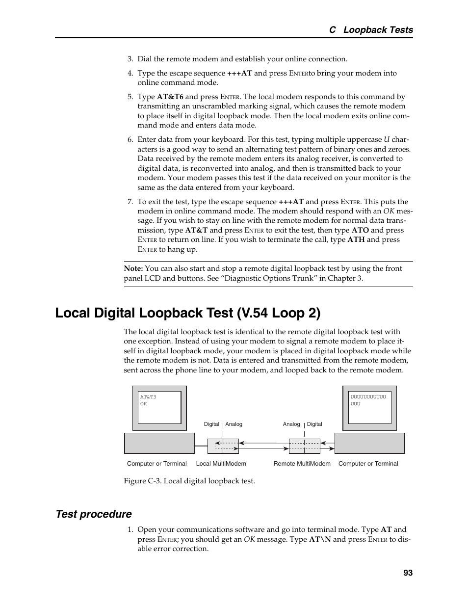 Local digital loopback test (v.54 loop 2), Test procedure, C loopback tests | Multi-Tech Systems MT5600BL User Manual | Page 101 / 118