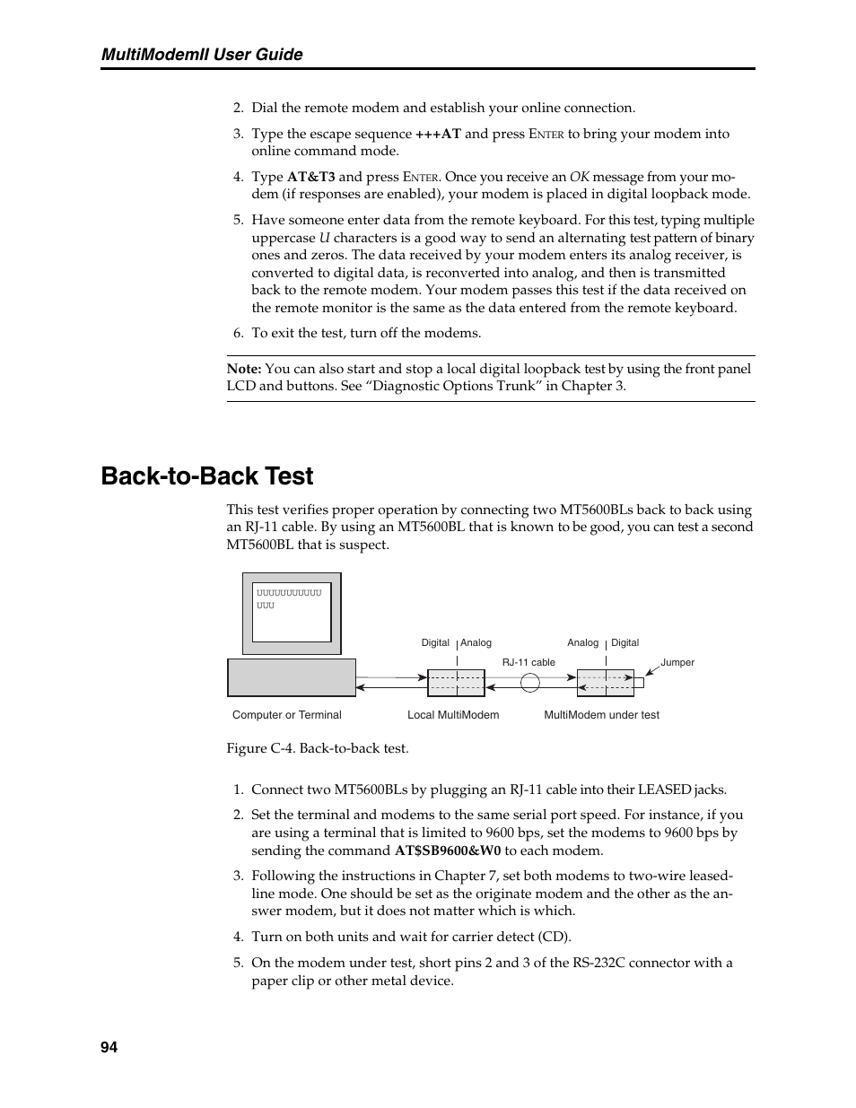 Back-to-back test, Multimodemii user guide | Multi-Tech Systems MT5600BL User Manual | Page 102 / 118