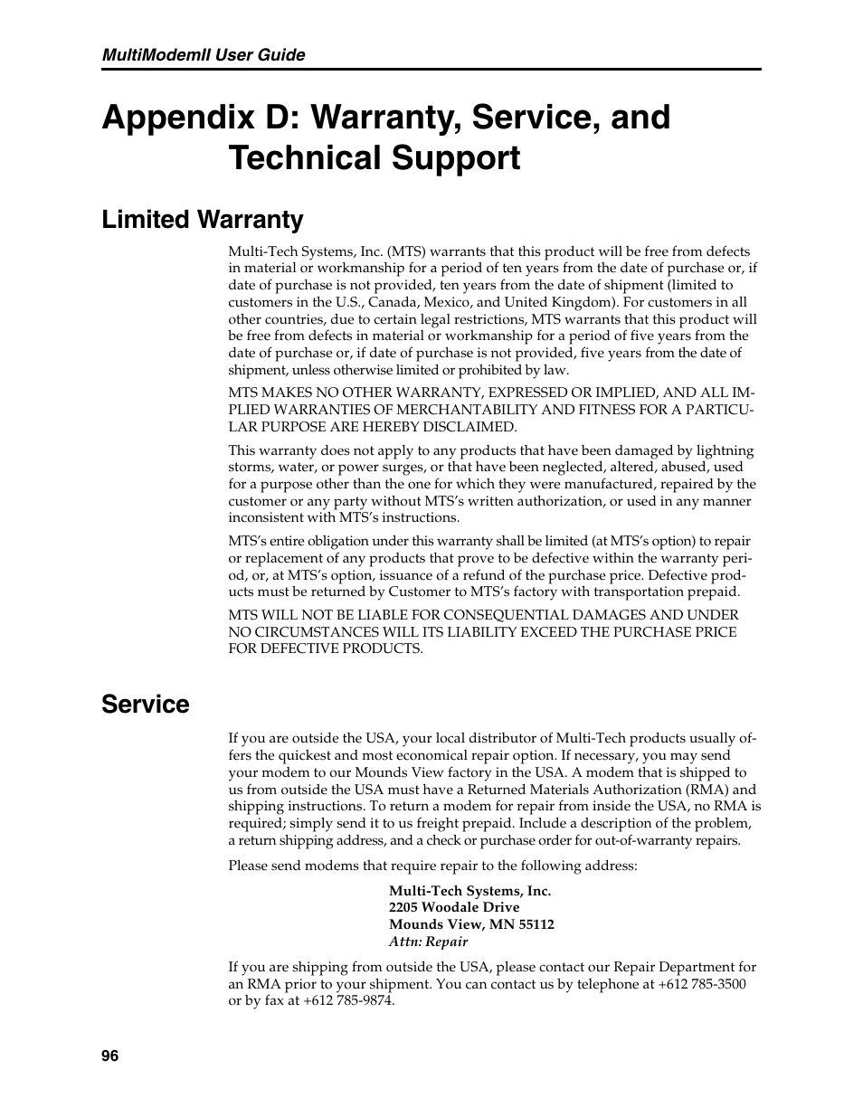 Limited warranty, Service, Limited warranty service | Multi-Tech Systems MT5600BL User Manual | Page 104 / 118
