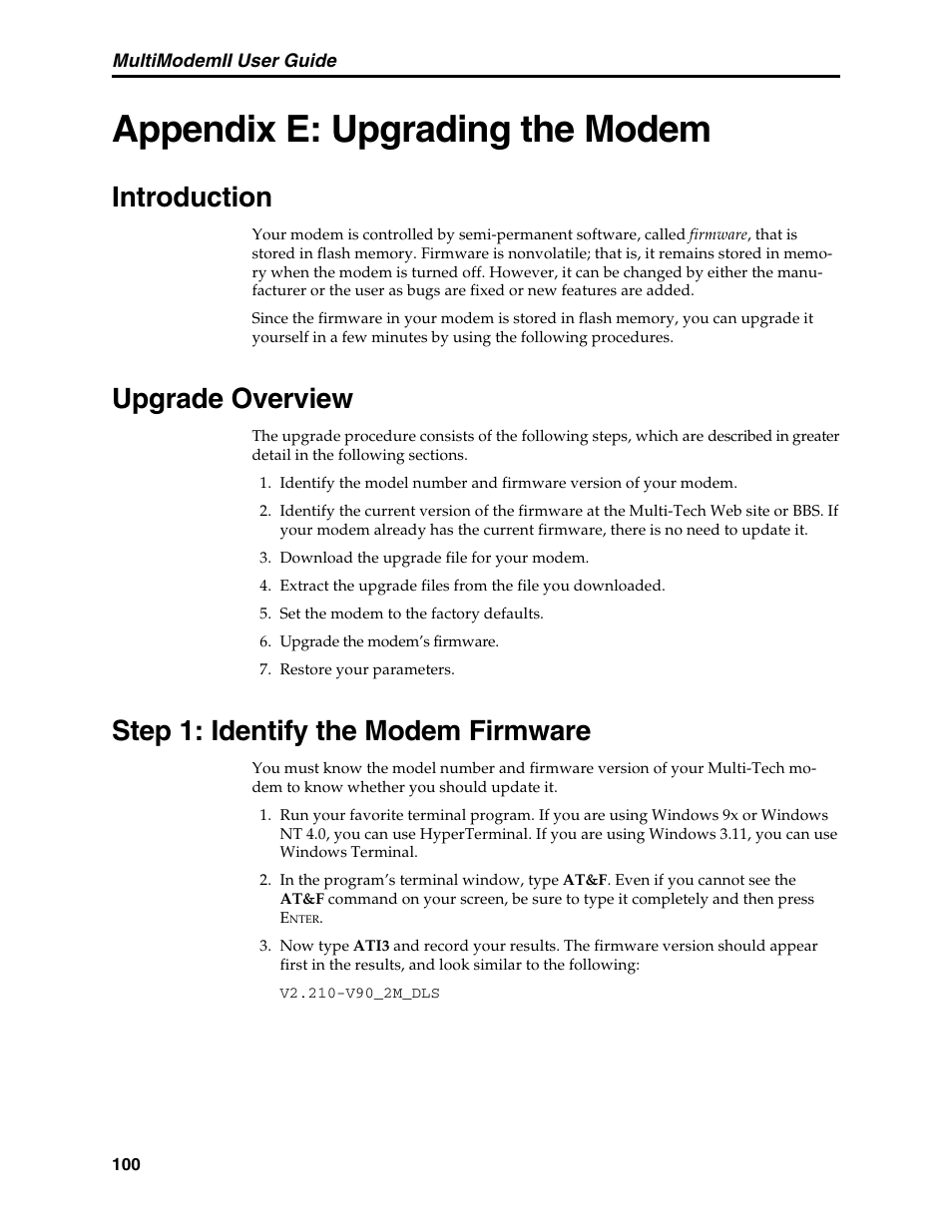 Appendix e: upgrading the modem, Introduction, Upgrade overview | Step 1: identify the modem firmware | Multi-Tech Systems MT5600BL User Manual | Page 108 / 118