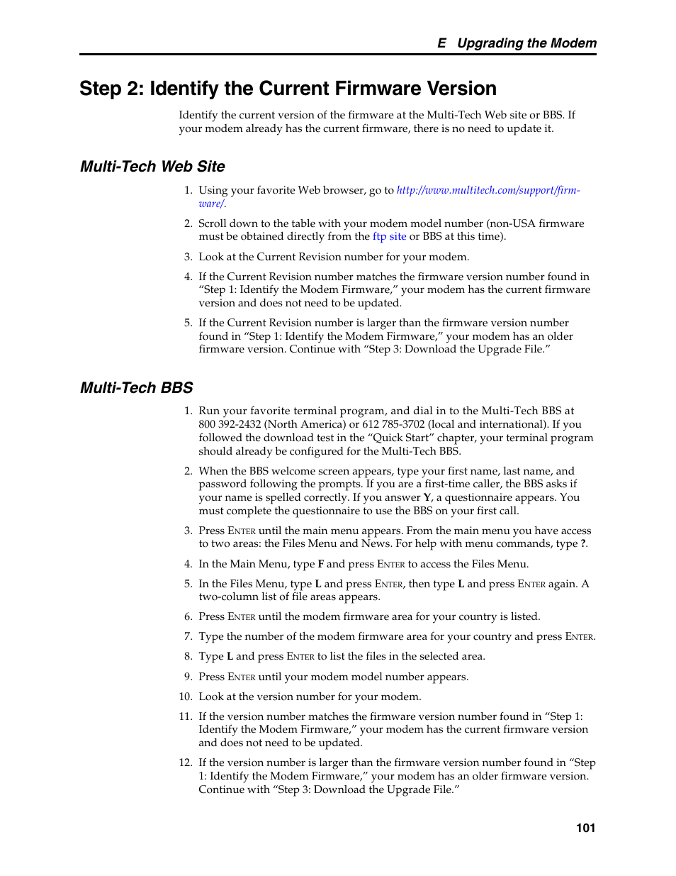 Step 2: identify the current firmware version, Multi-tech web site, Multi-tech bbs | Multi-tech web site multi-tech bbs, E upgrading the modem | Multi-Tech Systems MT5600BL User Manual | Page 109 / 118
