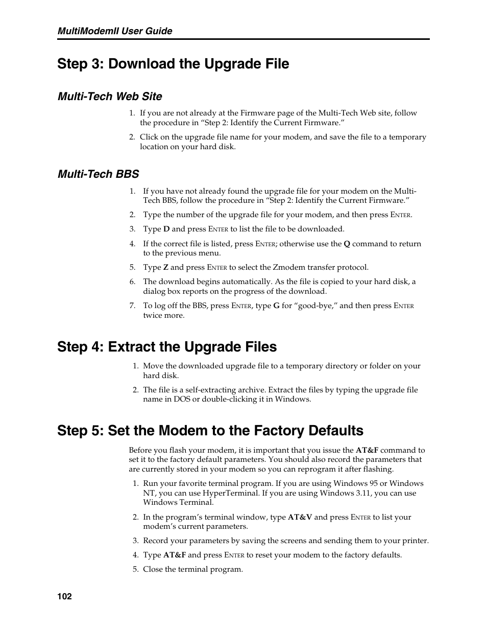 Step 3: download the upgrade file, Multi-tech web site, Multi-tech bbs | Step 4: extract the upgrade files, Step 5: set the modem to the factory defaults, Multi-tech web site multi-tech bbs, Multimodemii user guide | Multi-Tech Systems MT5600BL User Manual | Page 110 / 118