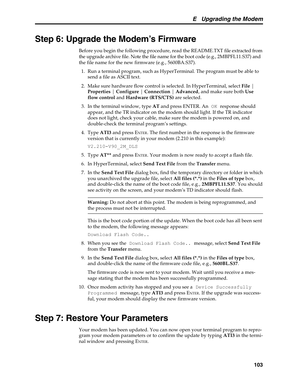 Step 6: upgrade the modem's firmware, Step 7: restore your parameters, Step 6: upgrade the modem’s firmware | E upgrading the modem | Multi-Tech Systems MT5600BL User Manual | Page 111 / 118