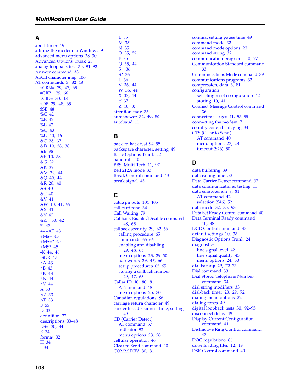 Index, Multimodemii user guide | Multi-Tech Systems MT5600BL User Manual | Page 116 / 118