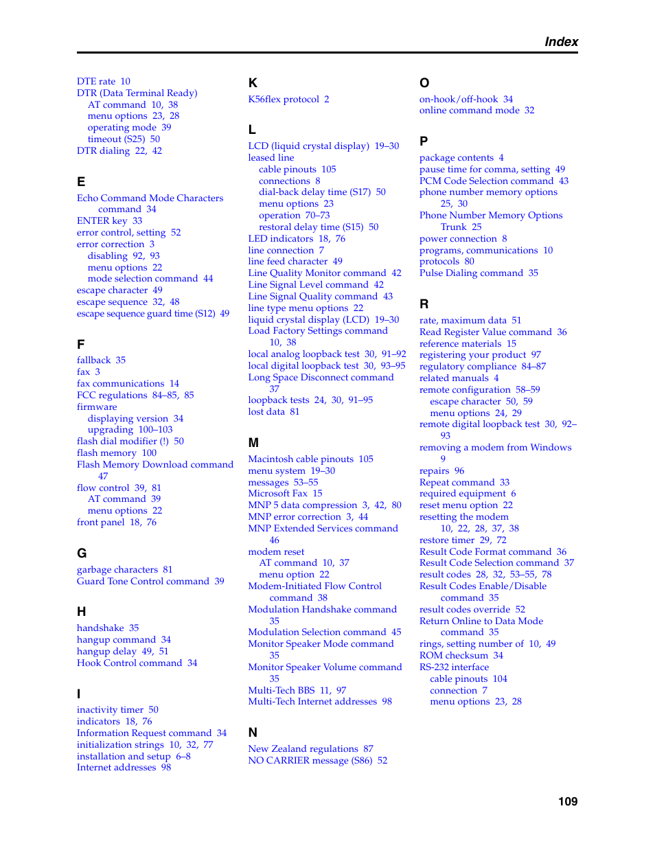Index | Multi-Tech Systems MT5600BL User Manual | Page 117 / 118