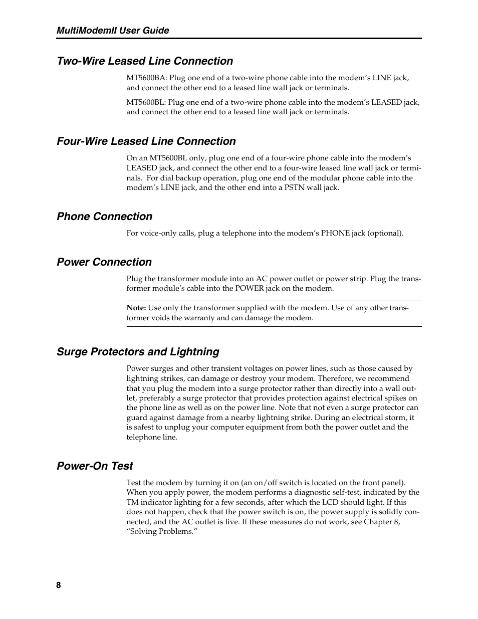 Two-wire leased line connection, Four-wire leased line connection, Phone connection | Power connection, Surge protectors and lightning, Power-on test | Multi-Tech Systems MT5600BL User Manual | Page 16 / 118