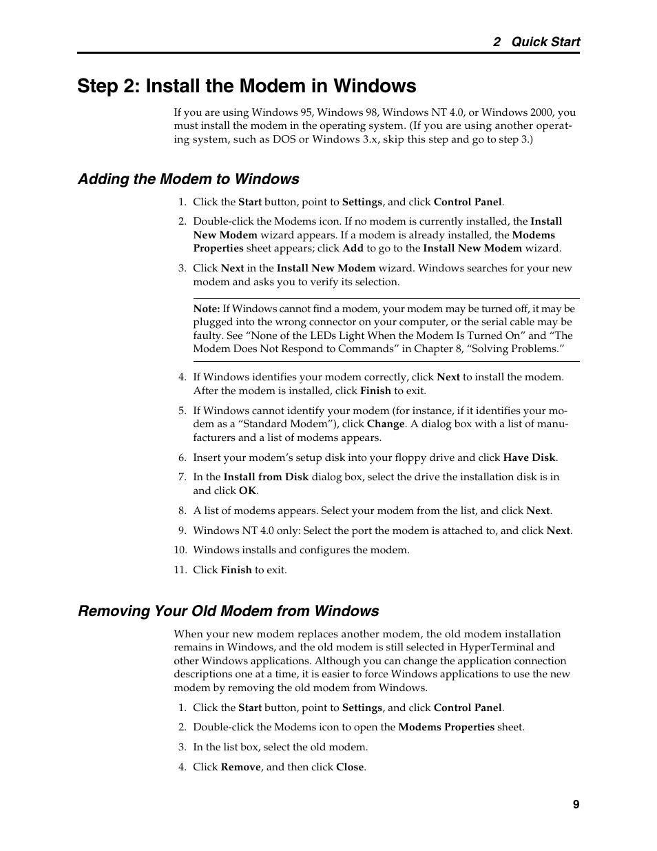 Step 2: install the modem in windows, Adding the modem to windows, Removing your old modem from windows | Multi-Tech Systems MT5600BL User Manual | Page 17 / 118