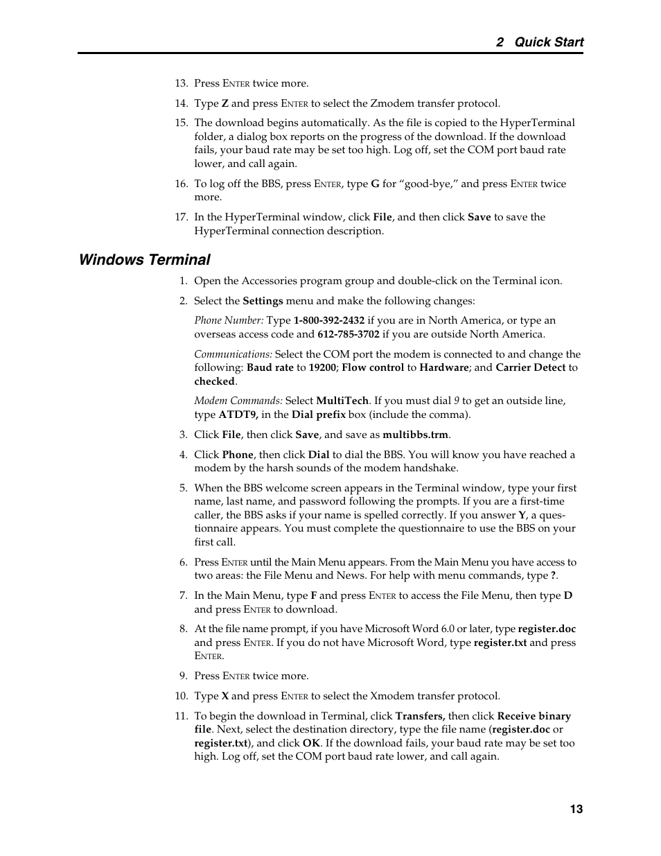 Windows terminal, 2 quick start | Multi-Tech Systems MT5600BL User Manual | Page 21 / 118