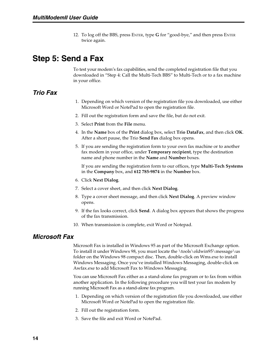 Step 5: send a fax, Trio fax, Microsoft fax | Trio fax microsoft fax | Multi-Tech Systems MT5600BL User Manual | Page 22 / 118
