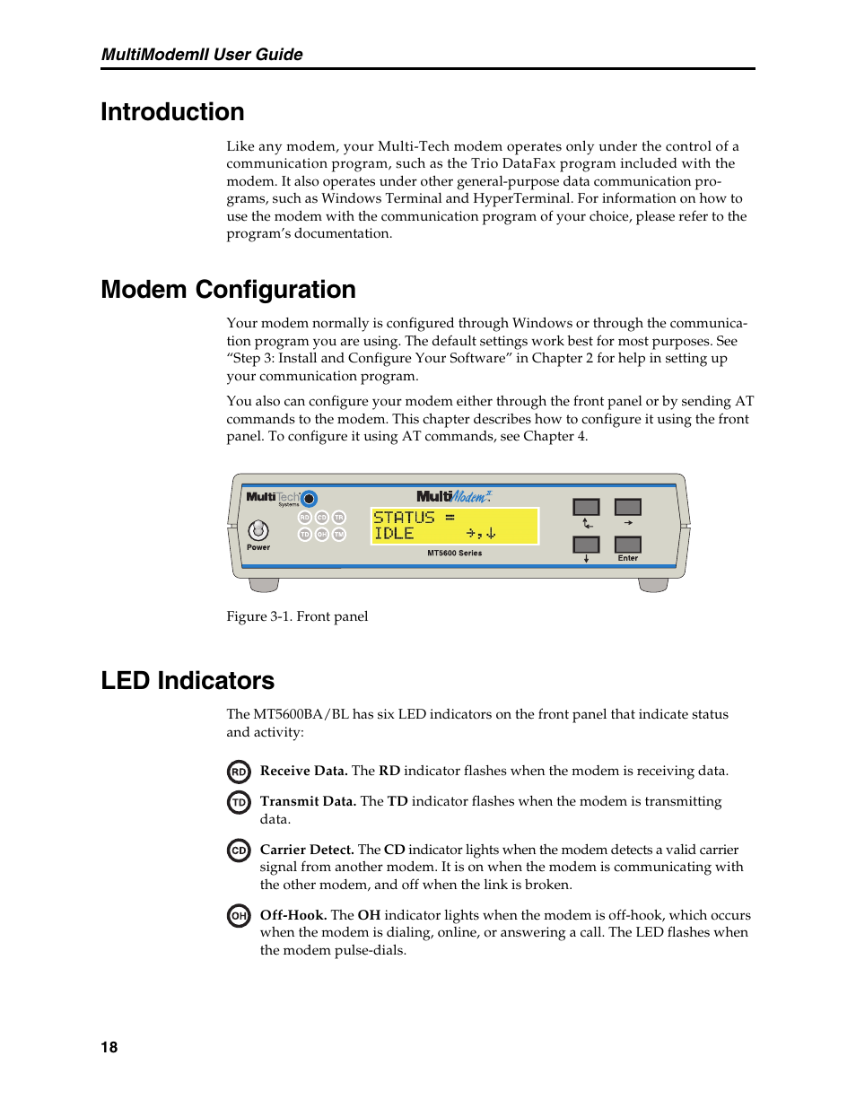 Chapter 3: using the front panel, Introduction, Modem configuration | Led indicators, Introduction modem configuration led indicators | Multi-Tech Systems MT5600BL User Manual | Page 26 / 118