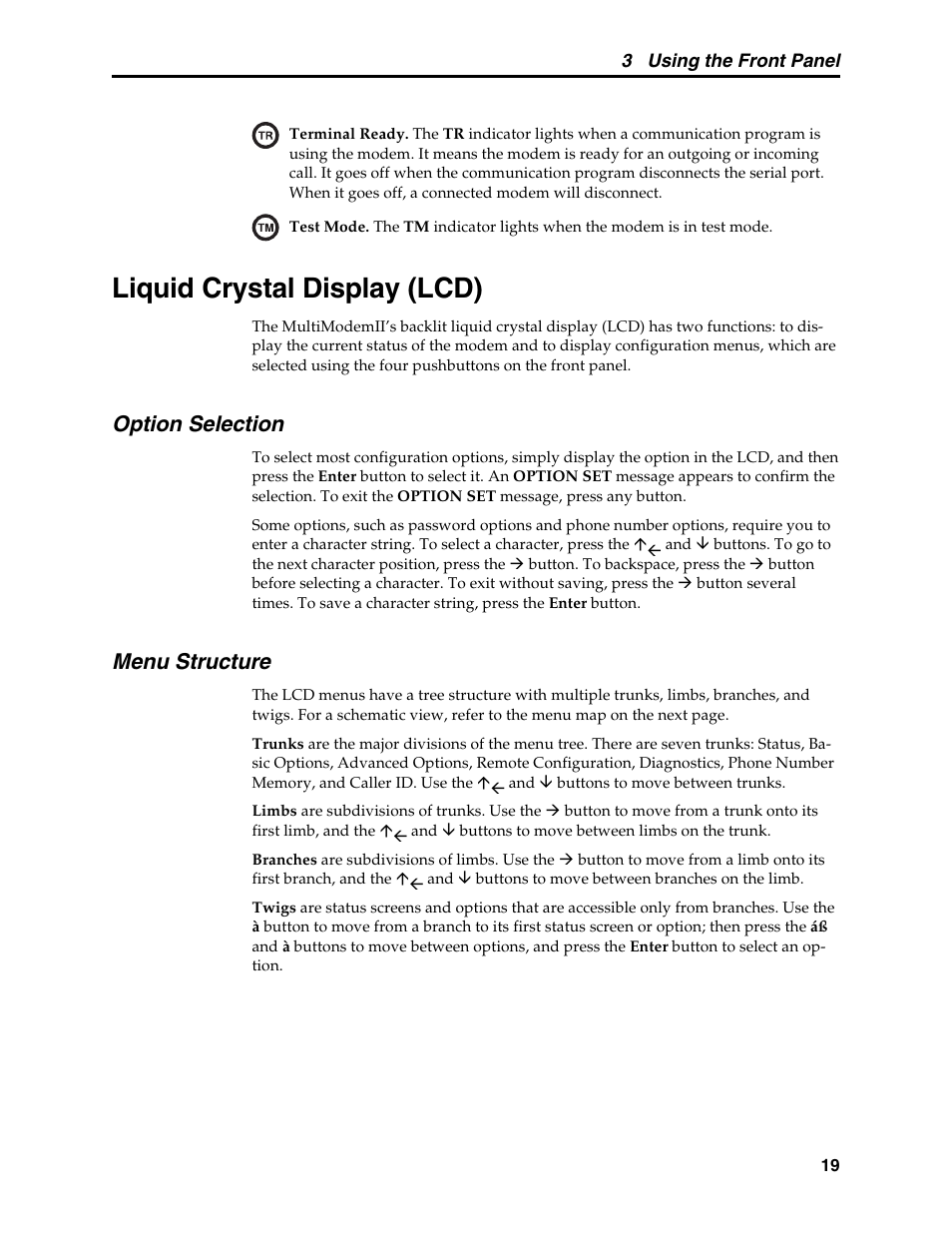 Liquid crystal display (lcd), Option selection, Menu structure | Option selection menu structure | Multi-Tech Systems MT5600BL User Manual | Page 27 / 118