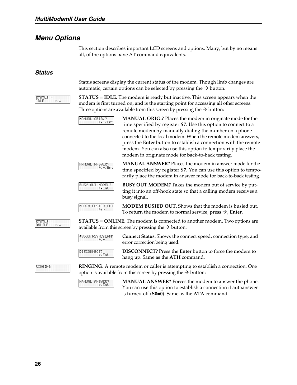 Menu options, Status, Multimodemii user guide | Multi-Tech Systems MT5600BL User Manual | Page 34 / 118