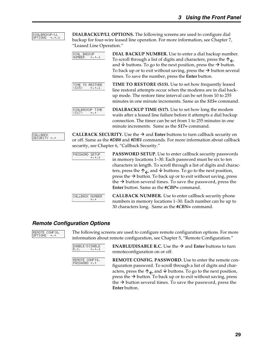 Remote configuration options, 3 using the front panel | Multi-Tech Systems MT5600BL User Manual | Page 37 / 118