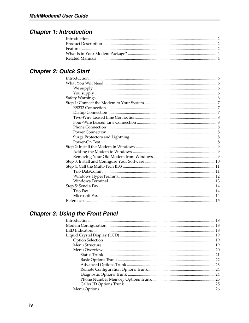 Chapter 1: introduction, Chapter 2: quick start, Chapter 3: using the front panel | Multi-Tech Systems MT5600BL User Manual | Page 4 / 118