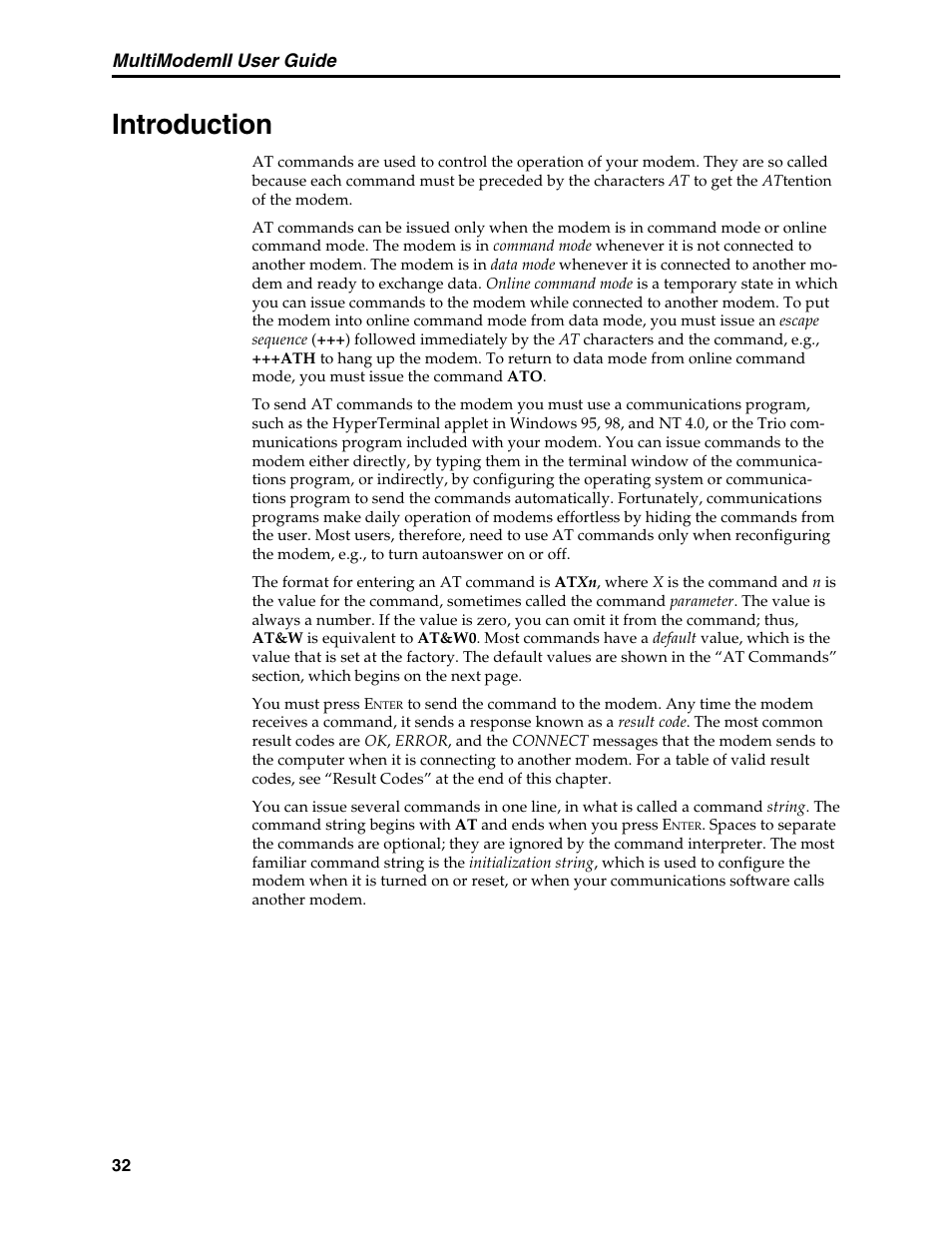 Chapter 4: at commands, s-registers & result codes, Introduction, Multimodemii user guide | Multi-Tech Systems MT5600BL User Manual | Page 40 / 118