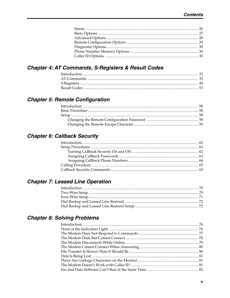 Chapter 4: at commands, s-registers & result codes, Chapter 5: remote configuration, Chapter 6: callback security | Chapter 7: leased line operation, Chapter 8: solving problems | Multi-Tech Systems MT5600BL User Manual | Page 5 / 118
